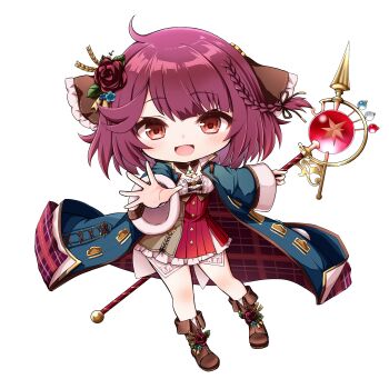1girl :d atelier_(series) atelier_sophie blue_coat boots braid breasts brown_boots chibi coat commentary_request dress flower fold-over_boots frilled_dress frills full_body hair_flower hair_ornament highres holding holding_staff kuena long_sleeves looking_at_viewer medium_breasts open_clothes open_coat open_mouth orb pleated_dress purple_hair red_dress red_eyes red_flower red_rose rose simple_background smile solo sophie_neuenmuller staff white_background