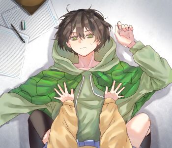 1girl asymmetrical_legwear bandaid bandaid_on_knee bandaid_on_leg black_hair black_socks black_thighhighs blue_skirt capelet cardigan closed_mouth eananaia eraser from_above green_capelet green_eyes green_hoodie hair_between_eyes hashtag-only_commentary highres hood hoodie long_sleeves lying neuro-sama notepad on_back pencil personification pleated_skirt pov short_hair sitting sitting_on_person skirt socks sweatdrop thighhighs uneven_legwear vedal987 vedal_ai yellow_cardigan