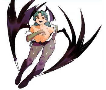 Rule 34 | 1girl, animal print, bare shoulders, bat print, bat wings, bent over, black boots, black leotard, blunt bangs, boots, breasts, bridal gauntlets, clothing cutout, collarbone, darkstalkers, demon girl, demon horns, demon wings, fangs, franzkafkaffee, full body, fur-trimmed leotard, fur-trimmed sleeves, fur trim, green eyes, green hair, hand on own ass, hand on own chest, head wings, heart cutout, highres, horns, large breasts, leotard, long hair, looking at viewer, morrigan aensland, open mouth, pantyhose, pink background, presenting, purple pantyhose, sharp teeth, simple background, teeth, very long hair, wings, yellow eyes