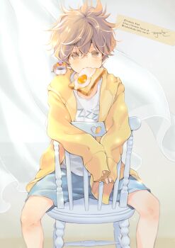 1boy animal animal_on_shoulder artist_name bird bird_on_shoulder bread bread_slice brown_hair cardigan chair closed_mouth commentary_request copyright_notice curtains double-parted_bangs feet_out_of_frame floating_curtains food food_in_mouth fried_egg fried_egg_on_toast grey_shorts hair_between_eyes highres hood hood_down hooded_cardigan kuga_tsukasa long_bangs long_sleeves looking_at_viewer male_focus messy_hair on_chair open_cardigan open_clothes original shirt short_hair shorts sitting sleeves_past_wrists solo spread_legs t-shirt toast white_shirt yellow_cardigan