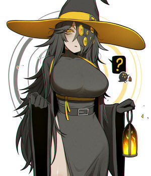 1girl ? belt big_bird_(project_moon) black_coat black_dress black_gloves black_hair black_hat breasts coat collarbone colored_sclera commentary creature_and_personification dress e.g.o_(project_moon) extra_eyes fire gloves hat hat_belt highres holding holding_lantern korean_commentary lamp_(e.g.o) lantern large_breasts large_hat lobotomy_corporation long_hair long_sleeves messy_hair misg1111 monster_girl open_mouth personification project_moon ringed_eyes simple_background solo speech_bubble spoken_question_mark white_background wide_sleeves witch witch_hat yellow_eyes yellow_sclera