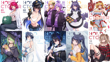 6+girls absurdres ahoge aki_rosenthal alternate_costume antler_ribbon apple assault_rifle asymmetrical_bangs asymmetrical_horns asymmetrical_legwear bare_shoulders belt between_breasts black-framed_eyewear black_belt black_capelet black_choker black_dress black_hair black_hat black_horns black_jacket black_kimono black_leg_warmers black_nails black_pants black_ribbon black_shorts black_skirt black_sweater blonde_hair blood blood_on_clothes blue_eyes blue_flower blue_gemstone blue_hair blue_hat blue_pants blue_ribbon blue_rose blue_umbrella blurry blurry_background blush bouquet bow bow_earrings skirt_bow braid braided_bangs breasts bridal_veil brown_eyes brown_hair capelet ceres_fauna ceres_fauna_(goth) character_name cheerleader choker cleavage closed_mouth clothes_writing collarbone commentary confetti cowboy_shot crinoline crop_top demon_horns denim detached_sleeves doctor double-parted_bangs dress ear_chain ear_piercing earrings emo_fashion english_commentary english_text eyewear_on_head feather-trimmed_kimono first_aid_kit floating floating_hair floating_object floral_print floral_print_kimono flower foam_finger food fortissimo frilled_choker frilled_kimono frills from_side fruit fur_scarf furisode gem golden_apple goth_fashion gradient_hair green_eyes green_hair gun h&amp;k_mp5 hair_between_eyes hair_bow hair_bun hair_flower hair_intakes hair_ornament hair_over_one_eye hair_ribbon hairclip halter_dress halterneck hand_in_pocket hand_up handgun harness hat heart heart_choker heart_o-ring heart_ring_choker heterochromia highres holding holding_bouquet holding_food holding_fruit holding_gun holding_pom_poms holding_umbrella holding_weapon hololive hololive_english hololive_grand_theft_auto hololive_indonesia hood hood_down hoodie horns huge_ahoge irys_(hololive) jacket japanese_clothes jeans jewelry kaela_kovalskia kimono knees_up lab_coat lace lace-trimmed_choker lace-trimmed_dress lace_sleeves lace_trim large_breasts leg_warmers legs_together light_blush light_smile linked_piercing long_bangs long_hair long_sleeves looking_at_viewer looking_down m1911 medium_breasts messy_hair miniskirt mole mole_under_eye multicolored_hair multiple_girls musical_note musical_note_hair_ornament nail_polish nanashi_mumei nanashi_mumei_(emo) navel necklace nerissa_ravencroft nerissa_ravencroft_(new_year) ninomae_ina'nis o-ring o-ring_choker o-ring_harness official_alternate_costume official_alternate_hairstyle oil-paper_umbrella one_side_up oopartz_yang open_mouth ouro_kronii pants pendant_choker piercing pink_flower pink_hair pink_nails pink_rose pleated_skirt pointy_ears police_hat pom_pom_(cheerleading) pom_poms print_kimono purple_eyes purple_gemstone purple_hair purple_hat purple_hoodie red-tinted_eyewear red_eyes red_hair red_sweater ribbon rifle rose scarf see-through_clothes see-through_sleeves shadow_(nerissa_ravencroft) short_hair shorts sidelocks simple_background single_braid single_earring single_hair_bun sitting skirt sleeveless sleeveless_dress sleeves_past_wrists smile snow standing stopwatch strap_between_breasts streaked_hair striped_clothes striped_sweater submachine_gun sunglasses sweat sweater sweater_tucked_in tank_top taser tassel tassel_earrings thigh_strap thighhighs tinted_eyewear tokoyami_towa tongue tongue_out torn_clothes torn_sweater tree tress_ribbon twintails twitter_username two-tone_hair umbrella undershirt uneven_legwear upper_body veil very_long_hair virtual_youtuber wallet_chain watch weapon wedding_dress white_background white_choker white_dress white_flower white_hair white_rose white_scarf white_skirt white_sleeves white_tank_top white_thighhighs wide_sleeves winter witch_hat x_hair_ornament yellow_eyes