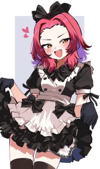 1girl alternate_costume apron black_bow black_dress black_gloves black_thighhighs blush bow commentary dress dress_bow fang feet_out_of_frame frilled_dress frills girls_und_panzer gloves hair_bow half-closed_eyes heart highres long_hair looking_at_viewer maid maid_apron maid_headdress open_mouth puffy_short_sleeves puffy_sleeves red_eyes red_hair rosehip_(girls_und_panzer) short_dress short_sleeves simple_background skirt_hold smirk solo standing thighhighs zono_404