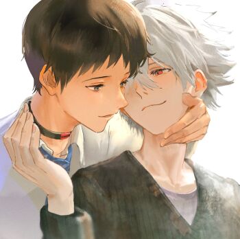 2boys aged_up black_hair blue_eyes blue_necktie closed_mouth collared_shirt colored_eyelashes dss_choker grey_hair highres ikari_shinji looking_at_another male_focus mismatched_eyelashes multiple_boys nagisa_kaworu necktie neon_genesis_evangelion red_eyes shirt short_hair simple_background smile soraaaa53 white_background white_shirt yaoi