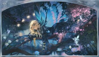 Rule 34 | 1boy, 3girls, absurdres, alkaid mcgrath, bangle, black gloves, black robe, blonde hair, blue wings, border, bracelet, braid, butterfly wings, cherry blossoms, chinese commentary, circlet, closed mouth, commentary request, ear covers, elbow gloves, fairy, fairy wings, flower, full body, gloves, green eyes, grey border, hair between eyes, hair over shoulder, highres, insect wings, jewelry, lake, light particles, long hair, long sleeves, lovebrush chronicles, low-braided long hair, low-tied long hair, lying, male focus, mini person, minigirl, moon phases, multiple girls, nature, necklace, night, on branch, on stomach, ornate border, outdoors, pink flower, plunging neckline, pointy ears, qiong xiang prayer, reflection, reflective liquid, ring, robe, sideways glance, silver necklace, single braid, size difference, solo focus, sparkle, tree, very long hair, water, water lily flower, white flower, wide sleeves, wings