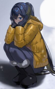 Rule 34 | 1girl, absurdres, black boots, black gloves, black hair, black pants, blonde hair, blue eyes, blush, boots, breasts, breath, coat, commentary, dark-skinned female, dark skin, fujisaki subaru, gloves, goddess of victory: nikke, hands on own cheeks, hands on own face, high ponytail, highres, hood, hooded coat, long hair, multicolored hair, noise (nikke), pants, ponytail, solo, squatting, two-tone hair, yellow coat