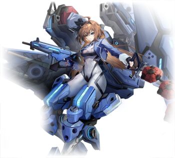 1girl ahoge assault_rifle black_gloves black_hairband blue_eyes blue_jacket bodysuit breasts brown_hair cropped_jacket crotch_plate fingerless_gloves gloves grey_bodysuit gun hairband hibiki_(starward) holding holding_gun holding_weapon jacket long_hair looking_at_viewer mecha_musume medium_breasts official_art rifle science_fiction skin_tight solo starward weapon white_background