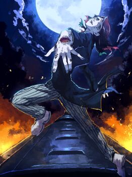 1boy absurdres aqua_eyes arm_at_side asymmetrical_bangs backlighting black_hair black_jacket blue_nails coattails colored_tips commentary_request dynamic_pose embers enmu_(kimetsu_no_yaiba) facial_mark finger_tattoo fire floating_clothes floating_hair foreshortening from_side full_moon grey_pants head_back head_tilt highres imminent_attack jacket jumping kanji_tattoo kimetsu_no_yaiba knee_up long_sleeves looking_at_viewer male_focus medium_hair misplaced_mouth moon multicolored_hair night open_mouth outdoors outstretched_arm pale_skin pants pinstripe_pants pinstripe_pattern reaching reaching_towards_viewer shoes sky smile solo sway_back symbol-shaped_pupils tailcoat tattoo tears_facial_mark teeth train trap ukai_(negi_wolf) vanishing_point veins veiny_hands white_shoes