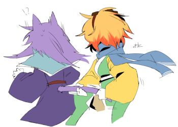 !? 1girl 1other animal_ears belt blue_capelet blue_scarf breasts capelet cat_ears cat_tail clause_(len&#039;en) coat colored_skin commentary_request genderswap genderswap_(otf) green_kimono hairband japanese_clothes kimono len&#039;en ling_s long_hair long_sleeves medium_breasts orange_hair purple_coat purple_hair red_belt red_hairband scarf simple_background sketch surprised sweat tail tail_pull white_background white_skin white_trim yellow_sleeves zuifeng_tenkai