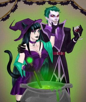 Rule 34 | 1boy, 1girl, alcohol, animal ears, batman (series), black dress, black gloves, black hair, black lips, brittany brittanyredinger, cat ears, cat tail, cauldron, choker, colored skin, commentary, cup, dc comics, dress, drinking glass, fangs, glass, gloves, green eyes, green hair, grin, hat, holding, punchline (dc), red eyes, smile, symbol-only commentary, tail, vampire costume, white skin, wine, wine glass, witch hat