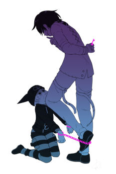 2boys arm_behind_back arm_belt beanie belt belt_buckle blue_theme blush_stickers buckle buttons checkered_clothes checkered_scarf closed_mouth collared_jacket cross-laced_jacket cuffs danganronpa_(series) danganronpa_v3:_killing_harmony denim dress_pants dress_shoes evil_grin evil_smile expressionless fake_horns finger_to_mouth full_body grin half-closed_eyes handcuffs hat head_tilt height_difference helmet highres holding holding_key horned_helmet horns hoshi_ryoma jacket jeans key knee_up kneeing kneeling leather leather_jacket long_sleeves looking_at_another male_focus monochrome multiple_belts multiple_boys oma_kokichi open_belt pants pocket purple_theme r&#039;l_(arul-erur-plant-403) scarf short_male simple_background sleeve_cuffs smile smug spot_color striped_clothes striped_pants thigh_belt thigh_strap torn_clothes torn_jeans torn_pants upturned_eyes wavy_mouth white_background yaoi zipper