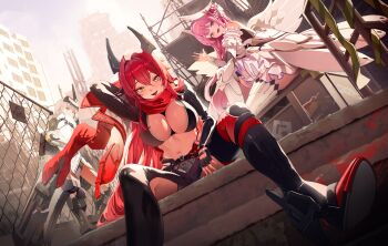 3girls absurdres angel_wings arm_up bare_shoulders blonde_hair breasts building chain-link_fence cleavage cloak clothing_cutout construction_site cropped_jacket day dorothy_(nikke) dress dutch_angle fence fingerless_gloves from_below glove_cutout gloves goddess_of_victory:_nikke hair_between_eyes hair_intakes hair_ornament hallo_(rltkdydrltk) hashtag-only_commentary head-mounted_display high_heels highres horns jacket large_breasts leather leather_jacket leather_pants leg_cutout long_hair looking_at_viewer mechanical_arms mechanical_horns multiple_girls navel open_mouth outdoors pants pink_hair purple_eyes red_hair red_hood_(nikke) red_jacket red_scarf scarf sitting snow_white_(innocent_days)_(nikke) snow_white_(nikke) standing thighhighs unzipped very_long_hair visor_(armor) visor_lift waving white_cloak white_dress wings zipper