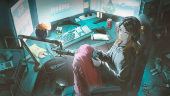 1boy absurdres aged_up animal animalization bird black_hair black_hoodie blonde_hair cat chair chinese_commentary chips_(food) commentary computer computer_mouse controller food food_in_mouth game_controller gaming_chair haikyuu!! highres hinata_shouyou holding holding_controller holding_game_controller hood hoodie kozume_kenma kyaichiko male_focus medium_hair microphone monitor multicolored_hair nintendo_switch on_chair pants potato_chips red_pants roots_(hair) sitting solo swivel_chair two-tone_hair