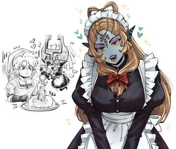 :d alternate_costume breasts cropped_torso dual_persona enmaided eyeshadow fangs food full_body gloom_(expression) hair_rings highres juliet_sleeves ketchup link long_sleeves maid maid_headdress makeup midna midna_(true) nintendo omelet omurice open_mouth orange_hair pichichustudio puffy_sleeves purple_eyeshadow purple_lips simple_background smile the_legend_of_zelda the_legend_of_zelda:_twilight_princess upper_body white_background
