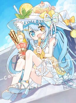 1girl blue_eyes blue_hair bow commentary_request commission dress food fork fruit hat heterochromia holding ice_cream long_hair open_mouth original parfait sandals sitting skeb_commission solo watermark witch_hat yuuhagi_(amaretto-no-natsu)