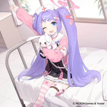 1girl arm_up armband bandaid bandaid_hair_ornament bed black_dress blue_archive blue_eyes blush cardigan commentary_request crossed_bandaids dress enosan fang frilled_dress frills hair_ornament hairclip halo hanae_(blue_archive) hat highres holding holding_stuffed_toy indoors long_hair long_sleeves looking_at_viewer nail_polish nurse_cap official_art on_bed one_eye_closed open_cardigan open_clothes open_mouth pill_hair_ornament pink_cardigan pink_nails pink_thighhighs purple_hair sailor_collar sitting skin_fang solo striped_clothes striped_thighhighs stuffed_animal stuffed_rabbit stuffed_toy thighhighs twintails very_long_hair white_armband white_hat white_sailor_collar white_thighhighs window