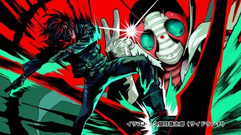 2boys antennae belt black_gloves bodysuit boots gloves green_eyes helmet henshin henshin_pose kamen_rider kamen_rider_v3 kamen_rider_v3_(series) long_sleeves male_focus mask multiple_boys official_art scarf shimamura_ichiyo tokusatsu toujima_tanzaburou_wa_kamen_rider_ni_naritai white_gloves white_scarf