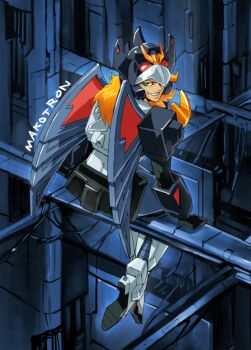 1girl artist_name bad_id bad_twitter_id blonde_hair blue_eyes cable commentary cosplay deathsaurus deathsaurus_(cosplay) english_commentary green_eyes long_hair looking_back makoto_ono mecha_musume original parted_lips sitting smile solo transformers transformers_victory v-fin