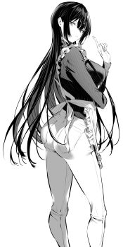 1girl apron ass black_hair breasts frilled_apron frills from_side hair_between_eyes hair_ribbon haite_kudasai_takamine-san highres hiiragi_yuuichi large_breasts long_hair monochrome pointing pointing_up ribbed_shirt ribbon shirt solo takamine_takane