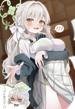 1girl absurdres arm_under_breasts blue_archive blush bow bowtie bra bra_visible_through_clothes braid breasts chibi clothes_lift commentary_request green_bra green_halo green_panties grey_hair halo highres jacket kamimori_kuuraku large_breasts lifting_own_clothes long_hair long_sleeves looking_at_viewer miyo_(blue_archive) open_mouth panties plaid_clothes plaid_skirt school_uniform shirt skirt skirt_lift solo speech_bubble spoken_blush striped_clothes underwear white_shirt
