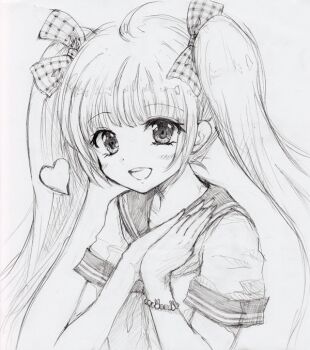 1girl :d ahoge bead_bracelet beads blush bow bracelet commentary_request gingham_bow graphite_(medium) greyscale hair_bow hands_clasped_in_delight heart ichiha_sanami jewelry monochrome open_mouth original own_hands_together sailor_collar shirt short_sleeves simple_background smile solo traditional_media twintails upper_body
