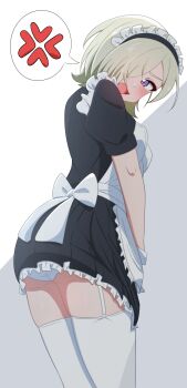 #yukitannpo 1girl absurdres anger_vein angry ass blonde_hair blush commentary_request hair_over_one_eye highres love_live! love_live!_nijigasaki_high_school_idol_club maid mia_taylor one_eye_covered open_mouth purple_eyes solo spoken_anger_vein thighhighs thighs white_thighhighs