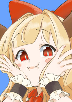 1girl :i blonde_hair blue_background bow bright_pupils brown_horns cheek_squash closed_mouth commentary_request hair_bow hair_intakes hands_on_own_cheeks hands_on_own_face highres horns ibuki_suika kurohiba long_hair looking_at_viewer red_bow red_eyes simple_background solo touhou upper_body white_pupils wrist_cuffs