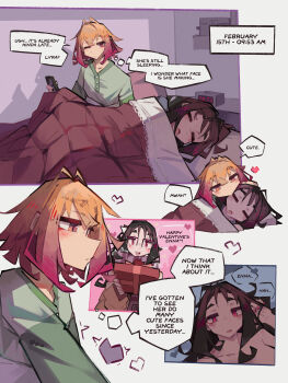 2girls absurdres blanket cellphone clock commentary digital_clock drooling english_text enna_(togekk0) glasses gradient_hair highres holding holding_phone indoors long_hair lyra_(togekk0) medium_hair mouth_drool multicolored_hair multiple_girls open_mouth orange_hair original phone pillow pink_eyes pink_hair red_eyes short_hair smartphone speech_bubble togekk0 under_covers valentine white_background yuri