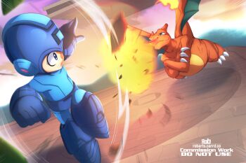 Rule 34 | 1boy, battle, blue eyes, blue helmet, charizard, commentary, commission, crossed arms, dragon, english commentary, fiery tail, fire, gen 1 pokemon, helmet, highres, lizard, male focus, mega man (character), mega man (classic), mega man (series), nintendo, pokemon, pokemon (creature), rob (robarts), smug, super smash bros., tail