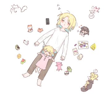 &gt;_&lt; 2girls ? alternate_hair_length alternate_hairstyle anyoji_hime avocado_(love_live!) barefoot basil_(wgh0anzdple3asf) blonde_hair blue_hair brown_pants cat chibi chibi_inset child child&#039;s_drawing closed_eyes commentary_request controller dress fujishima_megumi gonzales_(love_live!) gradient_hair heart highres if_they_mated korean_commentary link!_like!_love_live! love_live! medium_hair mother_and_daughter multicolored_hair multiple_girls multiple_views open_mouth osawa_rurino pants peking_duck_(love_live!) pink_dress remote_control science_babies shirt short_twintails sleeping sleeping_on_person sparkle spoken_question_mark stuffed_animal stuffed_avocado stuffed_chicken stuffed_rabbit stuffed_toy teddy_bear toes toy_block tsuru_(love_live!) twintails u_u virtual_youtuber white_shirt zzz