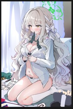1girl blue_archive blush bra braid breasts collared_shirt dress_shirt grey_hair hair_intakes halo highres indoors kneehighs long_hair long_sleeves miyo_(blue_archive) mouth_hold multicolored_hair navel no_pants open_clothes open_shirt panties sak_(lemondisk) shirt sitting socks two-tone_hair underwear unfinished very_long_hair white_bra white_panties white_shirt white_socks