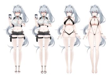 1girl absurdres animal_ears animated bare_arms bare_legs bare_shoulders barefoot bear_ears bikini black_bikini black_choker black_shorts black_slingshot_swimsuit blush breast_pocket breasts buttons choker cleavage clothing_cutout collared_shirt commission criss-cross_halter crop_top cutoffs dress_shirt fang full_body hair_ornament hairclip halterneck hand_up highleg highleg_bikini highres hip_vent holding holding_phone indie_virtual_youtuber large_breasts live2d long_hair looking_at_viewer micro_shorts midriff multicolored_hair multiple_views nally_(vtuber) navel nose_blush official_art open_fly open_mouth partially_unbuttoned phone pocket ponytail purple_eyes reference_sheet sandals shibuya_(kurokamishain) shirt short_sleeves shorts simple_background slingshot_swimsuit smile standing stomach streaked_hair string_bikini swimsuit thigh_strap thighs underboob very_long_hair virtual_youtuber white_background white_hair white_shirt