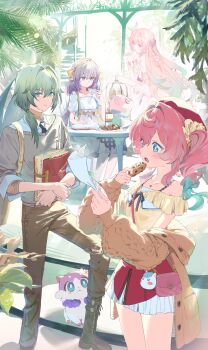 1boy 1girl 3girls alternate_costume anaxa_(honkai:_star_rail) aqua_eyes aqua_hair blue_eyes castorice_(honkai:_star_rail) chimera_(honkai:_star_rail) closed_mouth commentary cookie cyrene_(honkai:_star_rail) cyrene_(ripples_of_past_reverie)_(honkai:_star_rail) dohyo123123 dress drill_hair flower food hair_between_eyes hair_ornament hat highres honkai:_star_rail honkai_(series) hyacine_(honkai:_star_rail) long_hair looking_at_viewer medium_hair multicolored_hair multiple_girls open_mouth pink_hair pointy_ears purple_eyes purple_hair shirt smile symbol-only_commentary table twintails very_long_hair