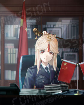 1girl absurdres alternate_costume bilingual_commentary black_jacket black_necktie blonde_hair bookshelf brown_eyes chinese_commentary collared_shirt commentary commission english_commentary genshin_impact hair_ornament hair_stick highres huihuang_rongyao indoors jacket long_hair looking_at_viewer mixed-language_commentary necktie ningguang_(genshin_impact) parted_bangs people's_republic_of_china_flag shirt sitting smile solo tassel tassel_hair_ornament white_shirt