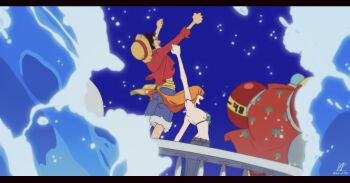 Rule 34 | 1girl, 2024, 2boys, arm up, arms up, bikini, bikini top only, black hair, blue hair, blue pants, blue shorts, blue sky, breasts, clenched hands, closed eyes, cyborg, denim, feet out of frame, floating hair, franky (one piece), from side, fur-trimmed shorts, fur trim, green bikini, hat, highres, long hair, medium breasts, monkey d. luffy, multiple boys, nami (one piece), nami (one piece) (return to sabaody), official alternate costume, one piece, one piece fan letter, only op2024, open mouth, orange hair, outdoors, pants, profile, red shirt, sash, shirt, short hair, shorts, sky, smile, standing, straw hat, striped bikini, striped clothes, swimsuit, unworn hat, unworn headwear, very short hair, water, yellow sash