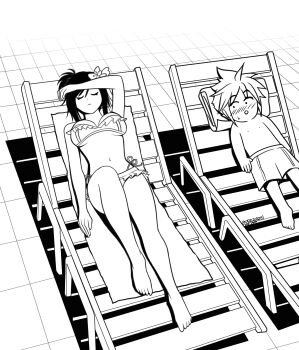 1boy 1girl absurdres azezazel bare_legs barefoot beach_chair bikini bikini_skirt blush breasts closed_eyes closed_mouth cloud_strife cloud_strife_(wild_surf) final_fantasy final_fantasy_vii final_fantasy_vii_rebirth final_fantasy_vii_remake flower frilled_bikini frills full_body greyscale hair_flower hair_ornament hair_up highleg highleg_bikini highres knee_up large_breasts long_hair looking_at_another lying male_swimwear monochrome navel official_alternate_costume on_back open_mouth short_hair side-tie_bikini_bottom spiked_hair stomach sweatdrop swim_trunks swimsuit tifa_lockhart tifa_lockhart_(shining_spirit) topless_male twitter_username yu-gi-oh!