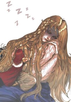 1boy 1girl alternate_form androgynous black_lips blonde_hair blue_robe braiding_another's_hair brother_and_sister brown_dress cape colored_eyelashes commentary dress elden_ring english_commentary fingernails frilled_sleeves frills from_behind fur_trim giant highres kneeling long_fingernails long_hair malenia_blade_of_miquella miquella_(elden_ring) mur_(murmuro0) partially_shaded_face prosthesis red_cape red_hair robe siblings size_difference sleeping smile topless_male veins wavy_hair white_background zzz