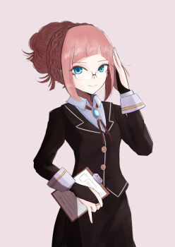 1girl blue_eyes clipboard commentary commission contemporary cryopon english_commentary felicia_(fire_emblem) fire_emblem fire_emblem_fates glasses highres holding holding_clipboard looking_at_viewer nintendo office_lady open_mouth pink_hair smile upper_body