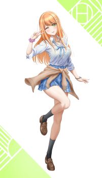 Rule 34 | 1girl, absurdres, black socks, blonde hair, blue skirt, brown cardigan, brown shoes, cardigan, cardigan around waist, clothes around waist, collared shirt, commentary request, full body, gakuen idolmaster, green eyes, hatsuboshi gakuen school uniform, highres, idolmaster, long hair, looking at viewer, mole, mole under eye, one eye closed, school uniform, shirt, shiun sumika, shoes, simple background, skirt, sleeves rolled up, socks, solo, standing, standing on one leg, stubox15, tongue, tongue out, v, white shirt