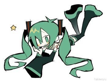 Rule 34 | 1girl, aqua boots, aqua eyes, aqua hair, aqua necktie, aqua trim, bare shoulders, black boots, black sleeves, boots, closed mouth, collared shirt, colored shoe soles, detached sleeves, double-parted bangs, feet up, flat chest, full body, grey shirt, hair between eyes, hair ornament, hand on own cheek, hand on own face, hand up, hashtag-only commentary, hatsune miku, headset, highres, knees together feet apart, long hair, long sleeves, looking at viewer, lying, multicolored boots, necktie, no pupils, number tattoo, on stomach, pale skin, platform boots, shirt, shoulder tattoo, sidelocks, simple background, sleeves past fingers, sleeves past wrists, smile, solo, star (symbol), takawoyu, tattoo, thigh boots, thighhighs, twintails, twitter username, two-tone boots, very long hair, vocaloid, wavy hair, white background, wide sleeves, zettai ryouiki