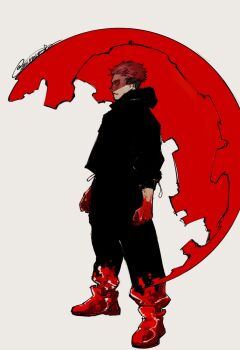 1boy black_hair black_hoodie black_pants blood blood_on_clothes blood_on_hands blood_on_shoes commentary_request energy_barrier expressionless full_body hemokinesis highres hood hoodie itadori_yuuji jujutsu_kaisen long_sleeves male_focus murata_(konekuri) pants pink_hair scar scar_on_face scar_on_mouth short_hair solo spiked_hair undercut