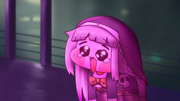 Rule 34 | 1girl, all fours, black coif, blade runner (series), blade runner 2049, blunt bangs, blush, coif, commentary request, full body, goslingposting (meme), grey hair, highres, korean commentary, long hair, meme, open mouth, pleading eyes, purple theme, skull, solo, speaki (trickcal), speakiposting (meme), tearing up, teolboongu, trickcal, you look lonely (meme)