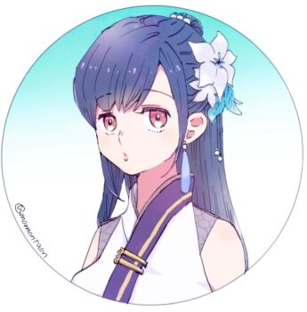 1girl bare_shoulders black_hair commentary_request earrings final_fantasy final_fantasy_vii final_fantasy_vii:_ever_crisis flower hair_flower hair_ornament japanese_clothes jewelry kimono long_hair looking_at_viewer momontaon official_alternate_costume sleeveless sleeveless_kimono solo tifa_lockhart tifa_lockhart_(festive_blue_daffodil_attire) twitter_username upper_body white_flower white_kimono