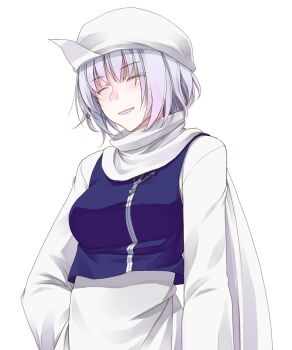 1girl apron breasts closed_eyes commentary_request cropped_vest crote hand_on_own_hip happy hat lapel_pin large_variant_set letty_whiterock long_sleeves medium_breasts parted_lips purple_hair purple_vest scarf short_hair smile solo tachi-e touhou transparent_background variant_set vest white_apron white_hat white_scarf wide_sleeves