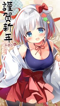 1girl :d bare_shoulders black_thighhighs blue_eyes blue_one-piece_swimsuit bow breasts cleavage collarbone commentary_request grey_hair hakama hakama_short_skirt hakama_skirt japanese_clothes kimono long_sleeves looking_at_viewer medium_breasts multicolored_hair nagayama_yuunon off_shoulder one-piece_swimsuit open_clothes open_kimono open_mouth original pinching_sleeves red_bow red_hair red_hakama ribbon-trimmed_sleeves ribbon_trim school_swimsuit skirt sleeves_past_wrists smile solo swimsuit thighhighs translation_request two-tone_hair white_kimono wide_sleeves