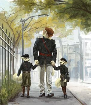 3boys armband black_armband building day fantasy fence fox furry grass highres iron_fence military_uniform multiple_boys original path road scenery school_uniform street town tree whaleoil