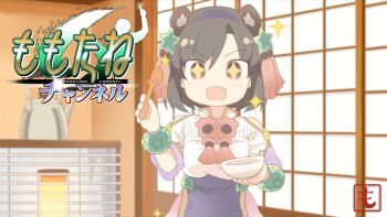 +_+ 1girl :d animal_ears anime_coloring aqua_scrunchie black_hair blush bowl breasts brown_eyes chinese_clothes clothing_cutout collared_dress cowboy_shot dress fang glowing hair_between_eyes hands_up hanfu heater holding holding_bowl holding_spoon indoors kettle looking_at_viewer non-web_source open_mouth pelvic_curtain raccoon_ears rice_bowl ryuki_(sangokushi_taisen) sangokushi_taisen scrunchie short_hair short_sleeves shoulder_cutout sidelocks skin_fang small_breasts smile solo spoon standing tsurime upper_body v-shaped_eyebrows wazawogi_(wzog)