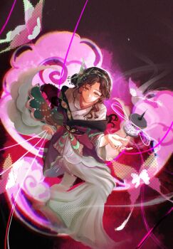 1girl brown_eyes brown_hair commentary_request dress from_above full_body hand_up highres holding holding_string incense_burner li'an long_dress long_hair looking_at_viewer looking_up moth_hair_ornament purple_background purple_hanfu reverse:1999 sitting solo string tooth_fairy_(reverse:1999) white_dress