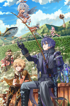 2boys 2girls 4girls absurdres aether_(genshin_impact) afureru_colors aino_(genshin_impact) anger_vein animal artist_name black_eyes black_gloves black_jacket black_pants blonde_hair blue_eyes blue_hair blue_sky braid cat closed_eyes closed_mouth cloud commentary drooling eyewear_on_head fish fishing fishing_rod flins_(genshin_impact) genshin_impact gloves hair_bun hair_rings hand_up head_rest highres holding holding_animal holding_fishing_rod ineffa_(genshin_impact) jacket jahoda_(genshin_impact) long_hair multiple_boys multiple_girls open_mouth outdoors paimon_(genshin_impact) pants parted_lips pink_hair purple_hair robot_ears robot_girl running sitting sky sleeves_past_fingers sleeves_past_wrists smile white_hair yellow_eyes