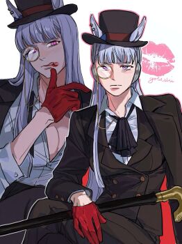 1girl absurdres ammi_(mayflyaa) animal_ears ascot black_ascot black_cape black_jacket black_pants black_suit blunt_bangs breasts cane cape cleavage collared_shirt formal_clothes gloves gold_ship_(umamusume) grey_hair hat highres holding holding_cane horse_ears horse_girl jacket large_breasts lipstick lipstick_mark long_hair looking_at_viewer makeup monocle open_clothes open_jacket pants purple_eyes red_cape red_gloves shirt suit top_hat umamusume white_shirt